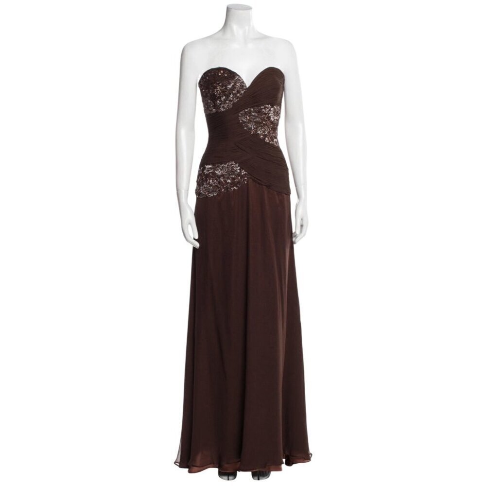Jovani New York Strapless Beaded Ruched Chiffon Evening Gown 16 Chocolate Brown